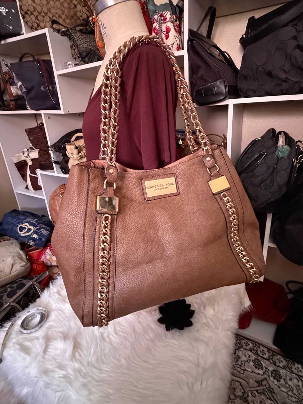 Marc New York Brown Pebbled Leather Chain-Handle Shoulder Tote